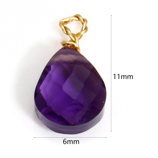 Picture of 2 PCs 304 Stainless Steel & Glass Charms Gold Plated Purple Drop Faceted 11mm x 6mm