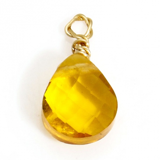 Picture of 2 PCs 304 Stainless Steel & Glass Charms Gold Plated Amber Drop Faceted 11mm x 6mm