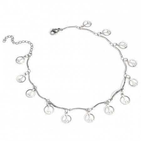 Bild von Großhandel Friedensymbol 304 Edelstahl Gedrehte Stabkette Station Fußkettchen, Silberfarbe Frauen Stilvoll Geschenk Schmuckbedarf, 24.5cm lang, 1 Strang