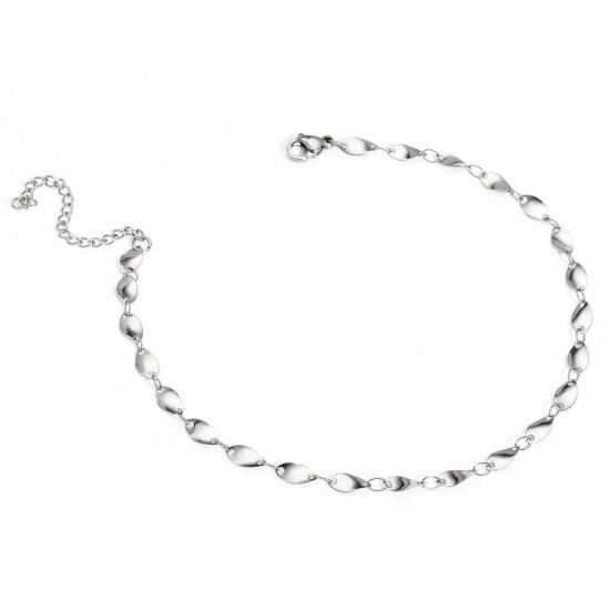 Picture of 1 Piece 304 Stainless Steel Handmade Link Chain Anklet Silver Tone With Lobster Claw Clasp And Extender Chain Marquise 24.5cm(9 5/8") long