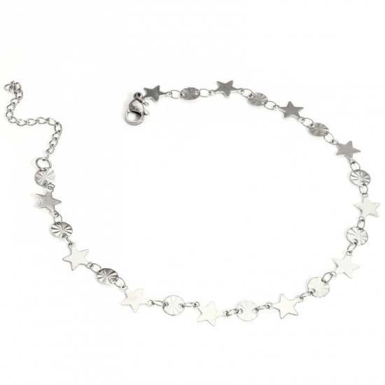 Picture of 1 Piece 304 Stainless Steel Handmade Link Chain Anklet Silver Tone With Lobster Claw Clasp And Extender Chain Pentagram Star 25cm(9 7/8") long
