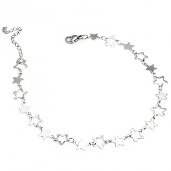 Picture of 1 Piece 304 Stainless Steel Handmade Link Chain Anklet Silver Tone With Lobster Claw Clasp And Extender Chain Pentagram Star 24cm(9 4/8") long