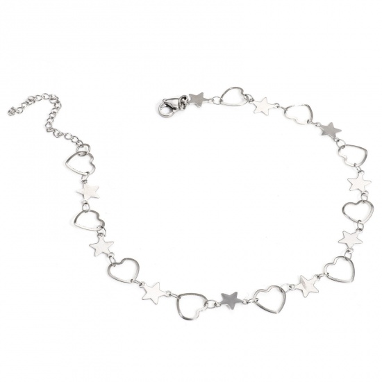 Picture of 1 Piece 304 Stainless Steel Handmade Link Chain Anklet Silver Tone With Lobster Claw Clasp And Extender Chain Heart 25.5cm(10") long