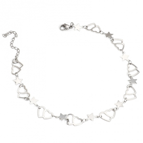Picture of 1 Piece 304 Stainless Steel Handmade Link Chain Anklet Silver Tone With Lobster Claw Clasp And Extender Chain Heart 26cm long