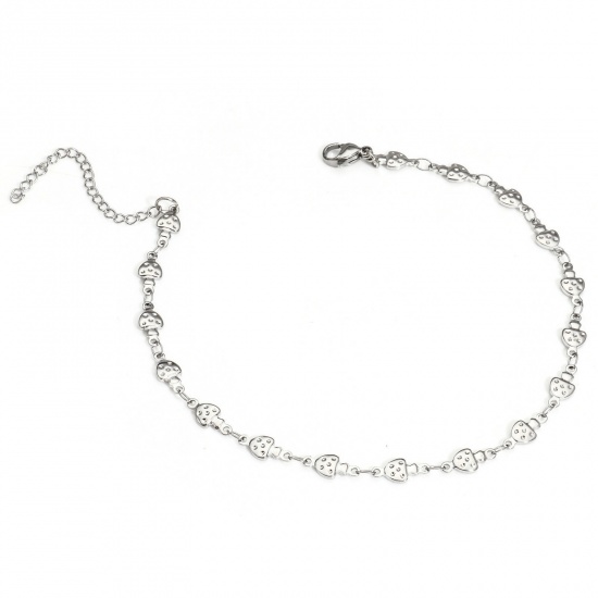 Picture of 1 Piece 304 Stainless Steel Handmade Link Chain Anklet Silver Tone With Lobster Claw Clasp And Extender Chain Mushroom 25cm(9 7/8") long