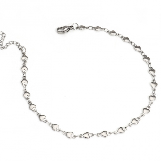 Picture of 1 Piece 304 Stainless Steel Handmade Link Chain Anklet Silver Tone With Lobster Claw Clasp And Extender Chain Heart 24cm(9 4/8") long