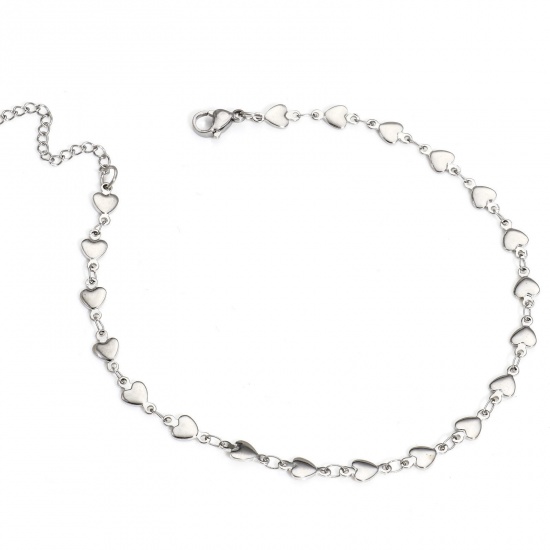 Picture of 1 Piece 304 Stainless Steel Handmade Link Chain Anklet Silver Tone With Lobster Claw Clasp And Extender Chain Heart 25cm(9 7/8") long