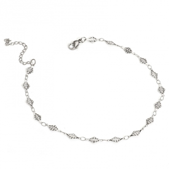 Immagine di Rombo 304 Acciaio Inossidabile Catena a Maglia Fatta a Mano Cavigliere All'Ingrosso, Tono Argento Donne Minimalista Regalo Fornitura di Gioielli, 25cm Lunghezza, Dimensione della Catena: 5mm, 1 Pz