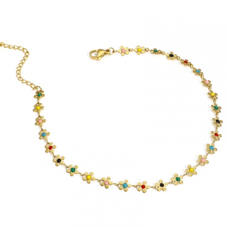 Immagine di Fiore Multicolore Smalto 304 Acciaio Inossidabile Catena a Maglia Fatta a Mano Cavigliere All'Ingrosso, Placcato Oro 18K PVD Ecologica, Donne Elegante Regalo Fornitura di Gioielli, 25cm Lunghezza, Dimensione della Catena: 6mm, 1 Pz