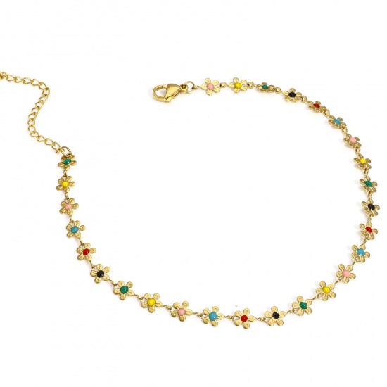 Picture of 1 Piece 304 Stainless Steel Handmade Link Chain Anklet 18K Gold Color Multicolor Enamel Flower 25cm(9 7/8") long
