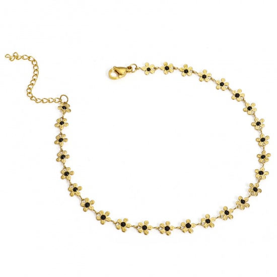 Picture of 1 Piece 304 Stainless Steel Handmade Link Chain Anklet 18K Gold Color Black Enamel Flower 25cm(9 7/8") long