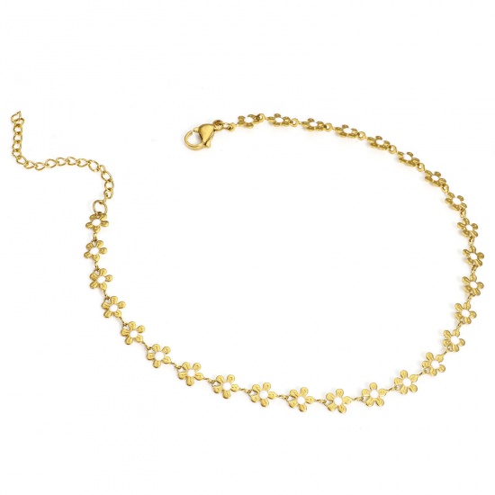Picture of 1 Piece 304 Stainless Steel Handmade Link Chain Anklet 18K Gold Color White Enamel Flower 25cm(9 7/8") long