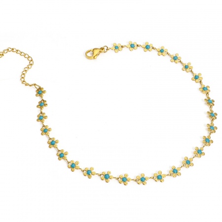 Immagine di Fiore Verde Blu Smalto 304 Acciaio Inossidabile Catena a Maglia Fatta a Mano Cavigliere All'Ingrosso, Placcato Oro 18K PVD Ecologica, Donne Elegante Regalo Fornitura di Gioielli, 25cm Lunghezza, Dimensione della Catena: 6mm, 1 Pz