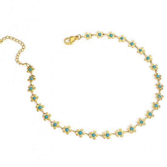 Picture of 1 Piece Vacuum Plating 304 Stainless Steel Handmade Link Chain Anklet 18K Gold Color Green Blue Enamel Flower 25cm(9 7/8") long