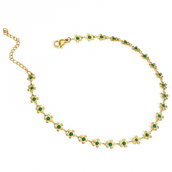 Picture of 1 Piece Vacuum Plating 304 Stainless Steel Handmade Link Chain Anklet 18K Gold Color Green Enamel Flower 25cm(9 7/8") long