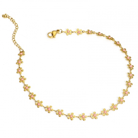Immagine di Fiore Rosa Smalto 304 Acciaio Inossidabile Catena a Maglia Fatta a Mano Cavigliere All'Ingrosso, Placcato Oro 18K PVD Ecologica, Donne Elegante Regalo Fornitura di Gioielli, 25cm Lunghezza, Dimensione della Catena: 6mm, 1 Pz