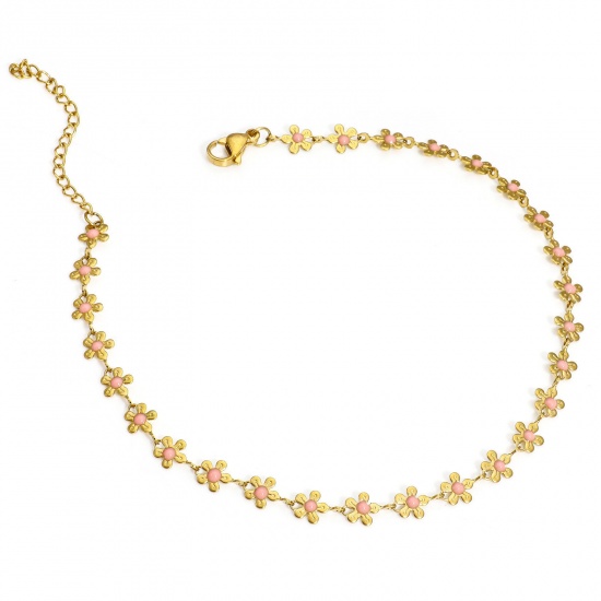 Picture of 1 Piece Vacuum Plating 304 Stainless Steel Handmade Link Chain Anklet 18K Gold Color Pink Enamel Flower 25cm(9 7/8") long