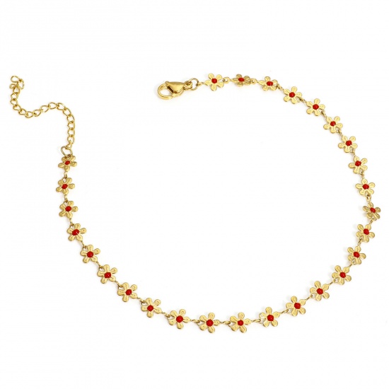 Picture of 1 Piece Vacuum Plating 304 Stainless Steel Handmade Link Chain Anklet 18K Gold Color Red Enamel Flower 25cm(9 7/8") long