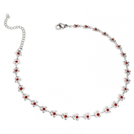 Bild von Großhandel Blumen Rot Emaille 304 Edelstahl Handgefertigte Gliederkette Fußketten, Silberfarbe Frauen Stilvoll Geschenk Schmuckbedarf, 25cm lang, Kettengröße: 6mm, 1 Strang