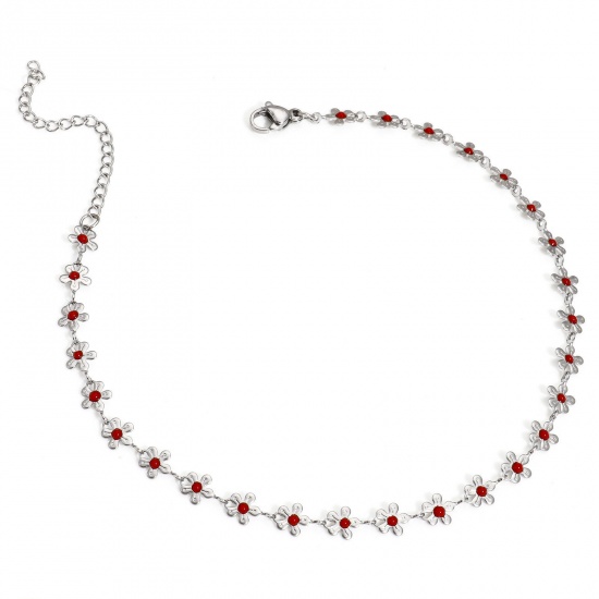 Picture of 1 Piece 304 Stainless Steel Handmade Link Chain Anklet Silver Tone Red Enamel Flower 25cm(9 7/8") long