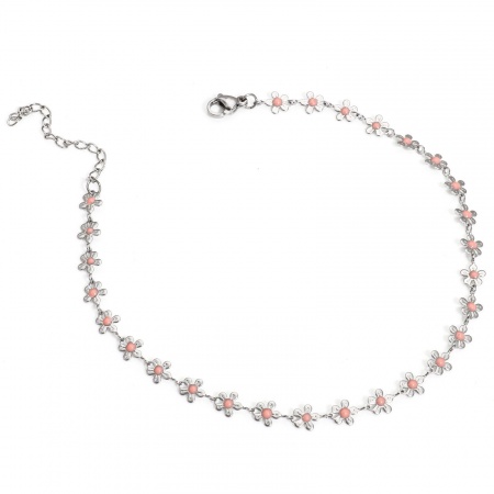 Bild von Großhandel Blumen Rosa Emaille 304 Edelstahl Handgefertigte Gliederkette Fußketten, Silberfarbe Frauen Stilvoll Geschenk Schmuckbedarf, 25cm lang, Kettengröße: 6mm, 1 Strang