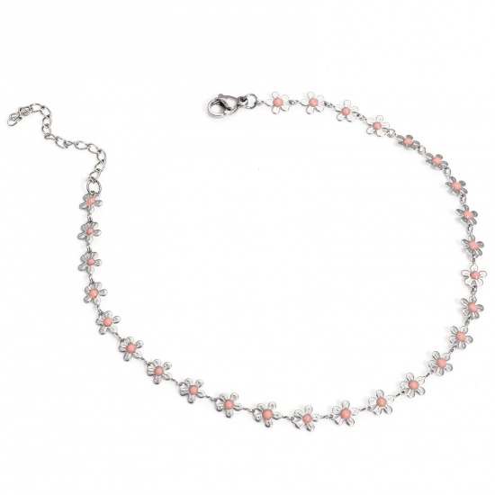 Picture of 1 Piece 304 Stainless Steel Handmade Link Chain Anklet Silver Tone Pink Enamel Flower 25cm(9 7/8") long