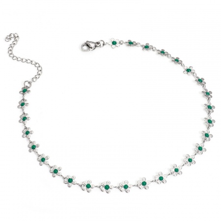 Bild von Großhandel Blumen Grün Emaille 304 Edelstahl Handgefertigte Gliederkette Fußketten, Silberfarbe Frauen Stilvoll Geschenk Schmuckbedarf, 25cm lang, Kettengröße: 6mm, 1 Strang