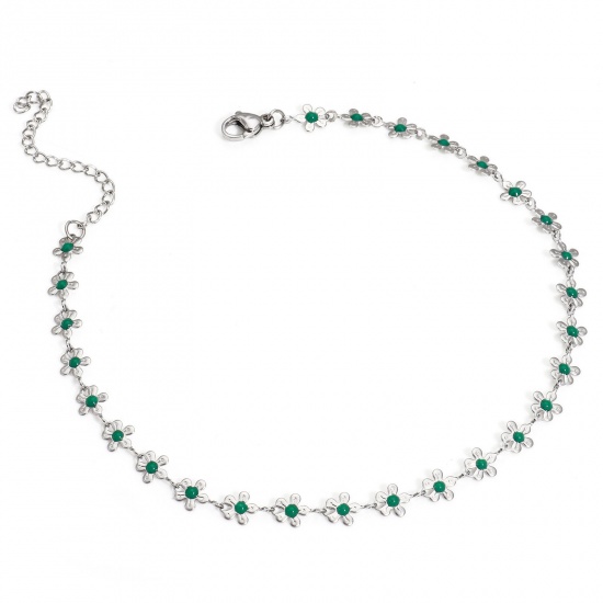 Picture of 1 Piece 304 Stainless Steel Handmade Link Chain Anklet Silver Tone Green Enamel Flower 25cm(9 7/8") long
