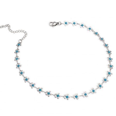 Bild von Großhandel Blumen Cyan Emaille 304 Edelstahl Handgefertigte Gliederkette Fußketten, Silberfarbe Frauen Stilvoll Geschenk Schmuckbedarf, 25cm lang, Kettengröße: 6mm, 1 Strang