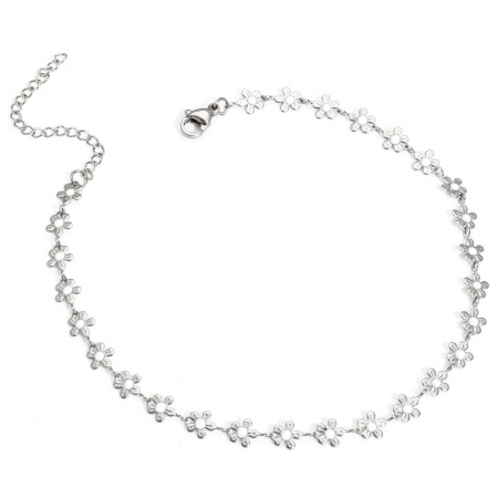 Bild von Großhandel Blumen Weiß Emaille 304 Edelstahl Handgefertigte Gliederkette Fußketten, Silberfarbe Frauen Stilvoll Geschenk Schmuckbedarf, 25cm lang, Kettengröße: 6mm, 1 Strang