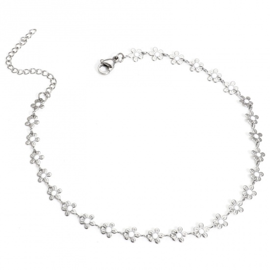 Picture of 1 Piece 304 Stainless Steel Handmade Link Chain Anklet Silver Tone White Enamel Flower 25cm(9 7/8") long