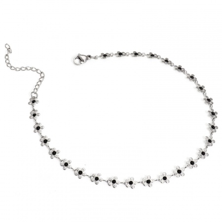 Bild von Großhandel Blumen Schwarz Emaille 304 Edelstahl Handgefertigte Gliederkette Fußketten, Silberfarbe Frauen Stilvoll Geschenk Schmuckbedarf, 25cm lang, Kettengröße: 6mm, 1 Strang