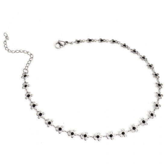 Picture of 1 Piece 304 Stainless Steel Handmade Link Chain Anklet Silver Tone Black Enamel Flower 25cm(9 7/8") long