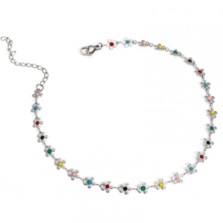 Picture of Wholesale Flower Multicolor Enamel 304 Stainless Steel Handmade Link Chain Anklet, Silver Tone Women's Stylish Gift Jewelry Supply, 25cm(9.8") long, Chain Size: 6mm, 1 Piece