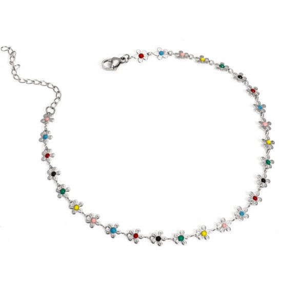 Picture of 1 Piece 304 Stainless Steel Handmade Link Chain Anklet Silver Tone Multicolor Enamel Flower 25cm(9 7/8") long
