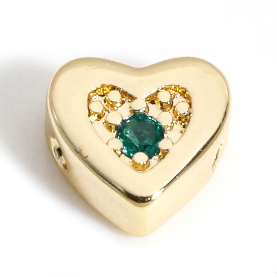 Immagine di 2 Pz Ottone San Valentino Perline per la Creazione di Gioielli con Ciondoli Fai-da-te 18K Oro riempito Cuore Verde Cubic Zirconiae Circa 7.5mmx 7mm, Foro:Circa 0.6mm