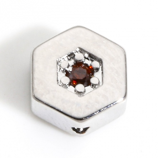 Picture of 2 PCs Brass Geometric Beads For DIY Charm Jewelry Making Real Platinum Plated Hexagon Red Cubic Zirconia About 8mm x 7mm, Hole: Approx 0.6mm