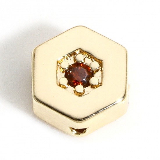Immagine di 2 Pz Ottone Geometrico Perline per la Creazione di Gioielli con Ciondoli Fai-da-te 18K Oro riempito Esagono Rosso Cubic Zirconiae Circa 8mmx 7mm, Foro:Circa 0.6mm