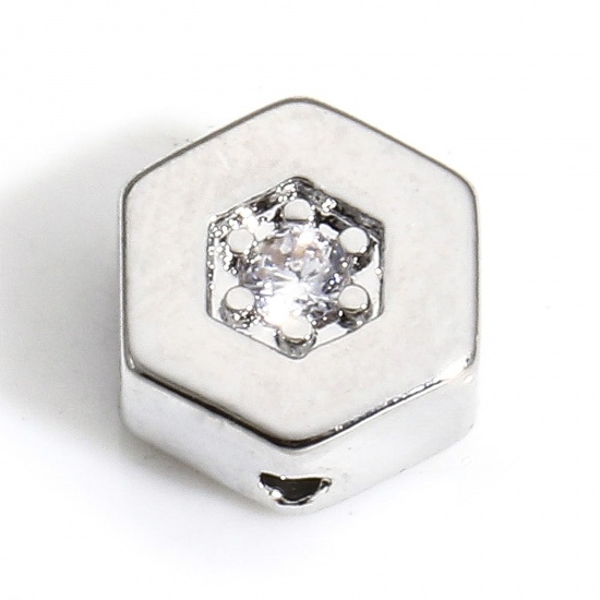 Picture of 2 PCs Brass Geometric Beads For DIY Charm Jewelry Making Real Platinum Plated Hexagon Clear Cubic Zirconia About 8mm x 7mm, Hole: Approx 0.6mm