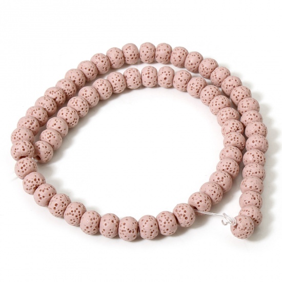 Picture of 1 Strand (Approx 62 PCs/Strand) (Grade A) Lava Rock ( Natural Dyed ) Beads For DIY Charm Jewelry Making Drum Light Pink About 8mm x 6mm, Hole: Approx 1.4mm, 40cm(15 6/8") long