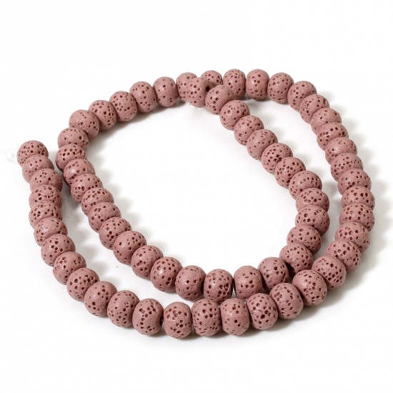 Picture of 1 Strand (Approx 62 PCs/Strand) (Grade A) Lava Rock ( Natural Dyed ) Beads For DIY Charm Jewelry Making Drum Dark Pink About 8mm x 6mm, Hole: Approx 1.4mm, 40cm(15 6/8") long
