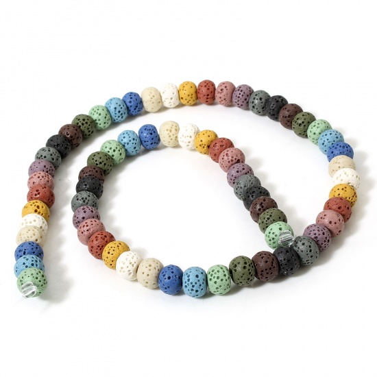 Picture of 1 Strand (Approx 62 PCs/Strand) (Grade A) Lava Rock ( Natural Dyed ) Beads For DIY Charm Jewelry Making Drum At Random Mixed Color About 8mm x 6mm, Hole: Approx 1.4mm, 40cm(15 6/8") long