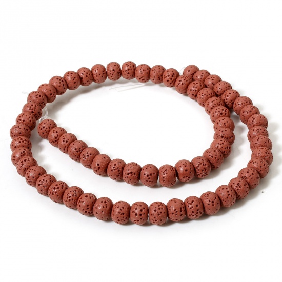 Picture of 1 Strand (Approx 62 PCs/Strand) (Grade A) Lava Rock ( Natural Dyed ) Beads For DIY Charm Jewelry Making Drum Red Brown About 8mm x 6mm, Hole: Approx 1.4mm, 40cm(15 6/8") long