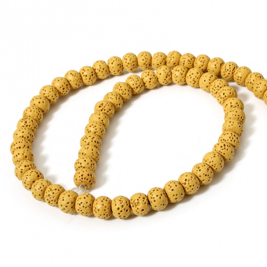 Picture of 1 Strand (Approx 62 PCs/Strand) (Grade A) Lava Rock ( Natural Dyed ) Beads For DIY Charm Jewelry Making Drum Yellow About 8mm x 6mm, Hole: Approx 1.4mm, 40cm(15 6/8") long