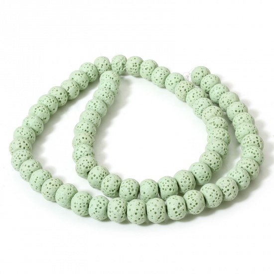 Picture of 1 Strand (Approx 62 PCs/Strand) (Grade A) Lava Rock ( Natural Dyed ) Beads For DIY Charm Jewelry Making Drum Light Green About 8mm x 6mm, Hole: Approx 1.4mm, 40cm(15 6/8") long