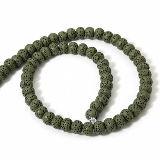 Picture of 1 Strand (Approx 62 PCs/Strand) (Grade A) Lava Rock ( Natural Dyed ) Beads For DIY Charm Jewelry Making Drum Dark Green About 8mm x 6mm, Hole: Approx 1.4mm, 40cm(15 6/8") long
