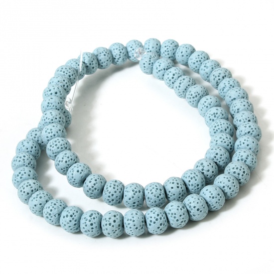 Picture of 1 Strand (Approx 62 PCs/Strand) (Grade A) Lava Rock ( Natural Dyed ) Beads For DIY Charm Jewelry Making Drum Light Blue About 8mm x 6mm, Hole: Approx 1.4mm, 40cm(15 6/8") long
