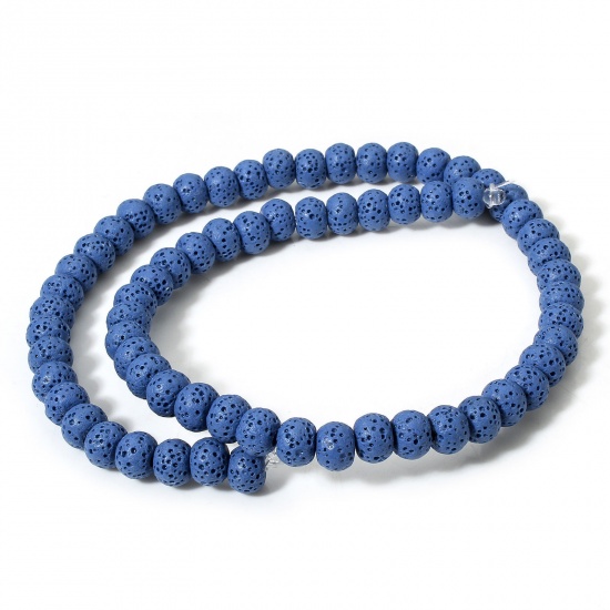 Picture of 1 Strand (Approx 62 PCs/Strand) (Grade A) Lava Rock ( Natural Dyed ) Beads For DIY Charm Jewelry Making Drum Royal Blue About 8mm x 6mm, Hole: Approx 1.4mm, 40cm(15 6/8") long