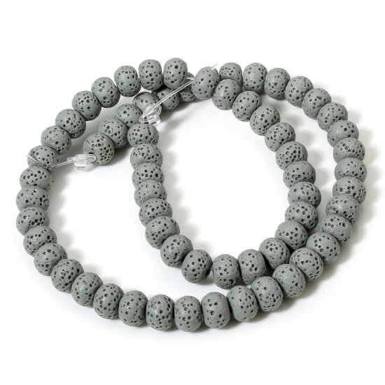 Picture of 1 Strand (Approx 62 PCs/Strand) (Grade A) Lava Rock ( Natural Dyed ) Beads For DIY Charm Jewelry Making Drum French Gray About 8mm x 6mm, Hole: Approx 1.4mm, 40cm(15 6/8") long