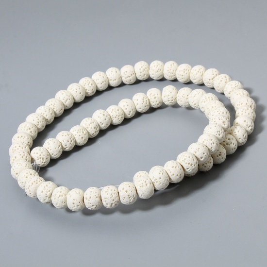 Picture of 1 Strand (Approx 62 PCs/Strand) (Grade A) Lava Rock ( Natural Dyed ) Beads For DIY Charm Jewelry Making Drum White About 8mm x 6mm, Hole: Approx 1.4mm, 40cm(15 6/8") long